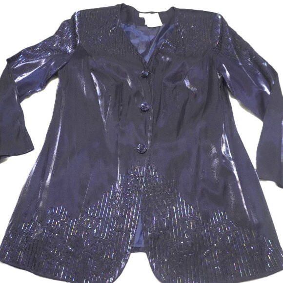 NWT Justin Taylor Iridescent Blue Beaded Satin Jacket and Midi Skirt Set 16W - Picture 1 of 8